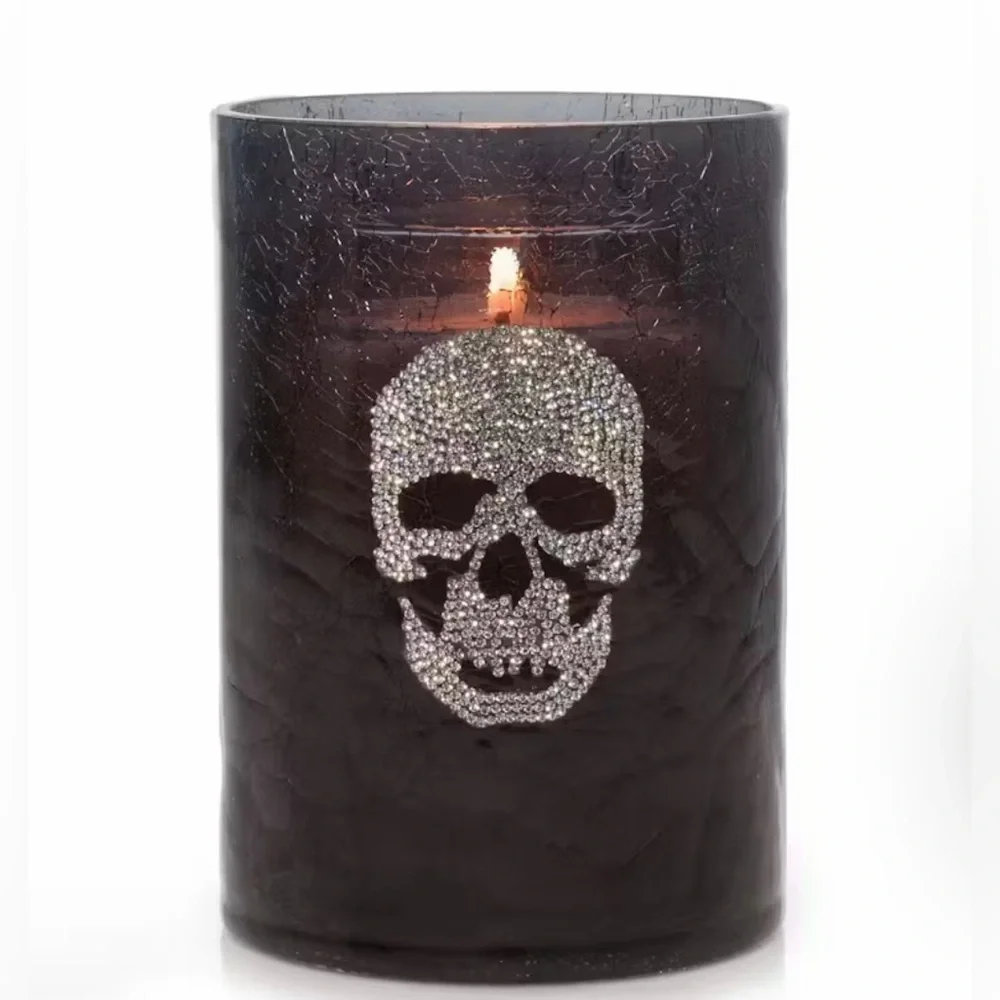 Yankee Candle Crackle Glass Rhinestone Skull Halloween Holder NIB Damaged Box